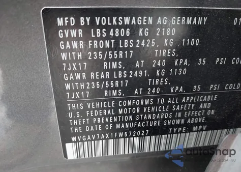 2015 Volkswagen Tiguan Se из США, поврежденный, VIN WVGAV7AX1FW572027